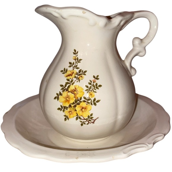 Other - Vintage Ceramic Pitcher and Water Basin in White w/ a Yellow Floral Print